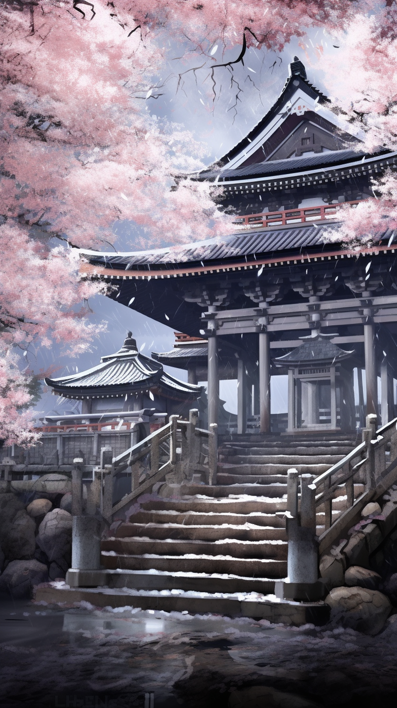 Manga representation of a Shinto shrine among a spread of cherry blossoms; Fine details in the sakura petals. phone art wallpaper