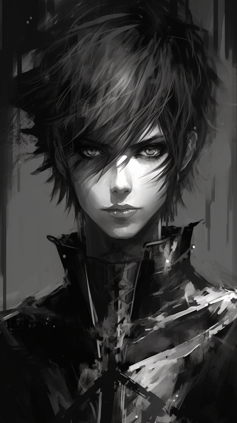 Detailed artwork of a manga bad character, showing intricate hair patterns and complex shading techniques. phone art wallpaper