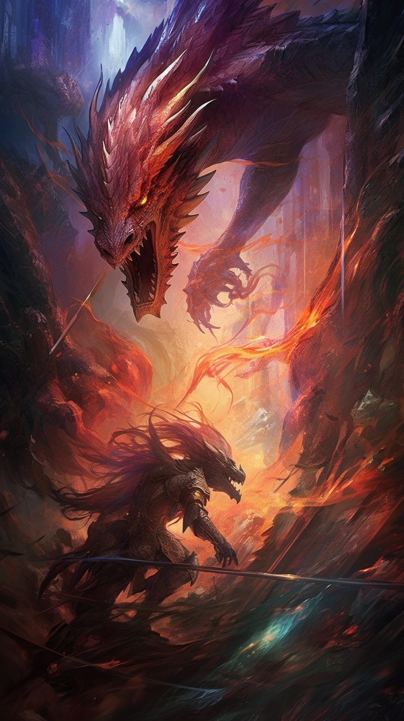 Dragon and warrior in combat, sky setting; bold lines, sharp contrast, showing fast-paced action. phone art wallpaper