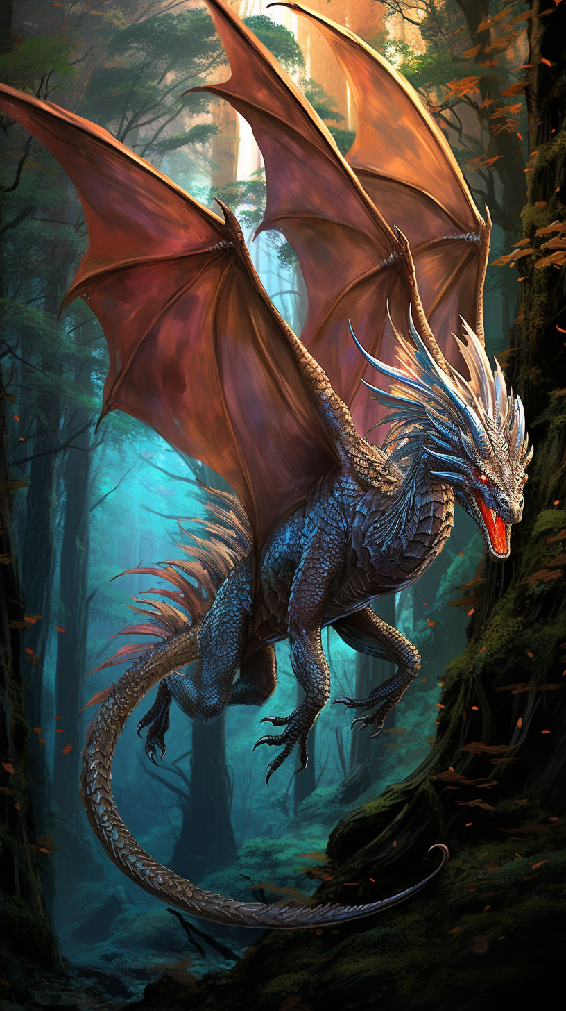 Dragon with extended wings, exploring the forest; remarkable details with an emphasis on dimension. phone art wallpaper