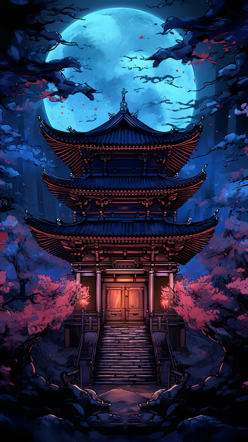 Anime style depiction of a classic shrine at night; vivid lines and dramatic shading. phone art wallpaper