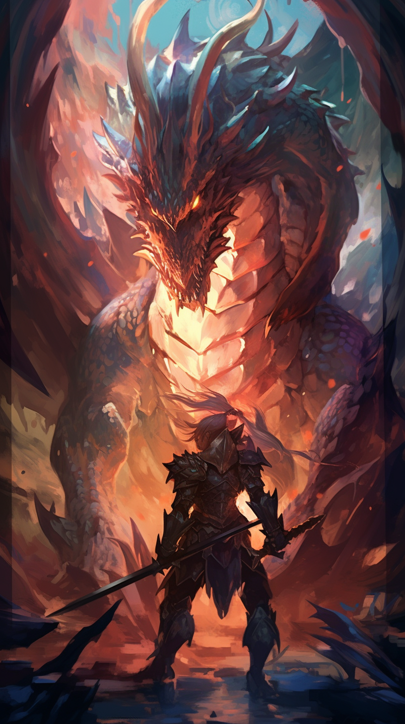 Anime art style depicting a powerful warrior and fierce dragon; fine details and textures. phone art wallpaper