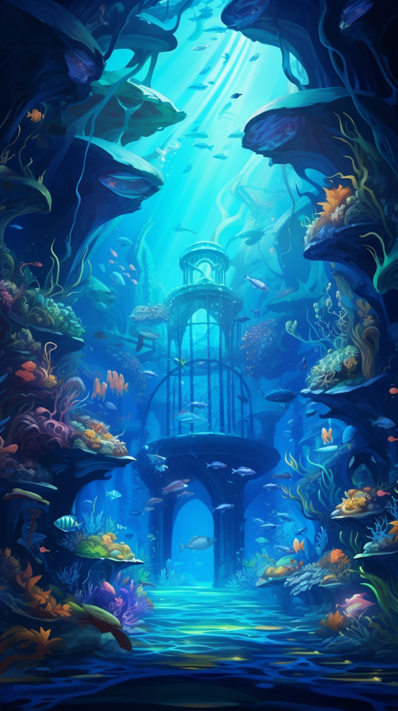 Ocean depths filled with mythical creatures and sunken treasures; intricately detailed line work. phone art wallpaper