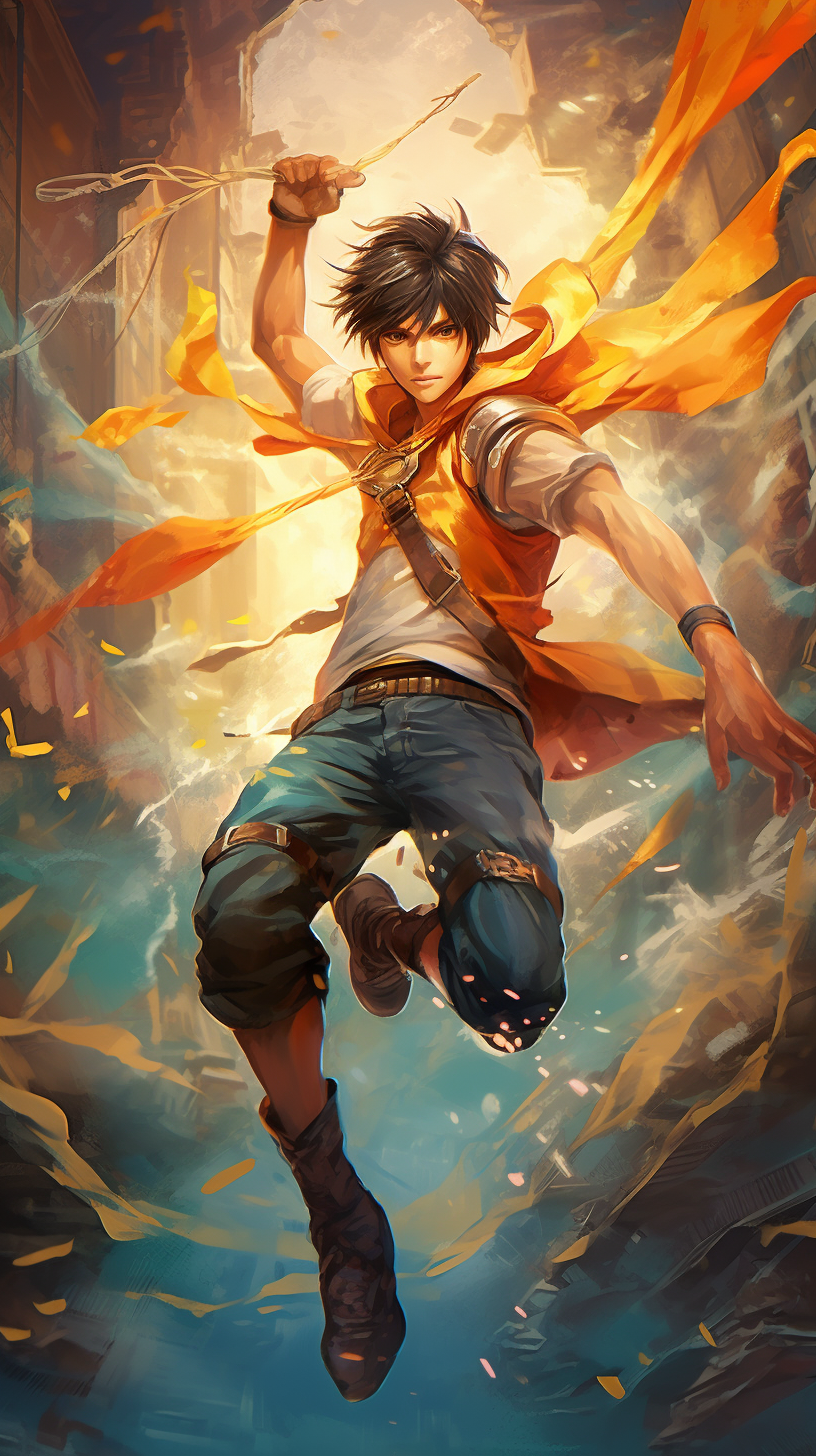 Manga character delivering a flying kick; emphasized by the wind effect and detailed lines. phone art wallpaper