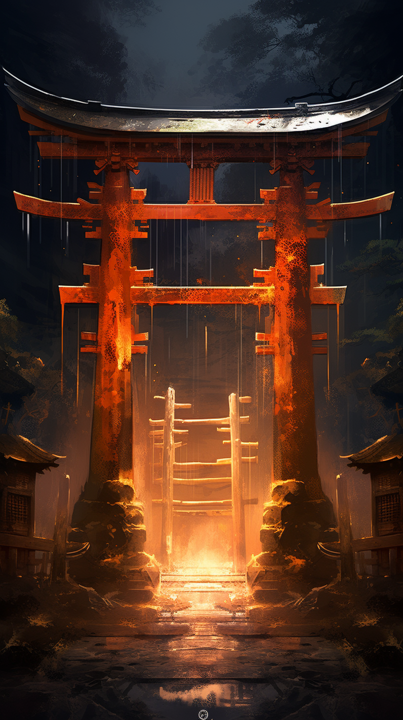 Ancient Shinto shrine with stone lanterns and shimenawa; strong lines and detailed patterns. phone art wallpaper