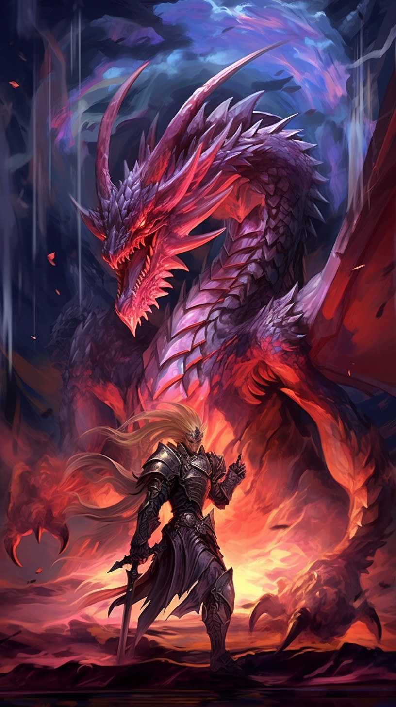 Intense illustration of a dragon and a warrior; bold lines and intricate designs. phone art wallpaper