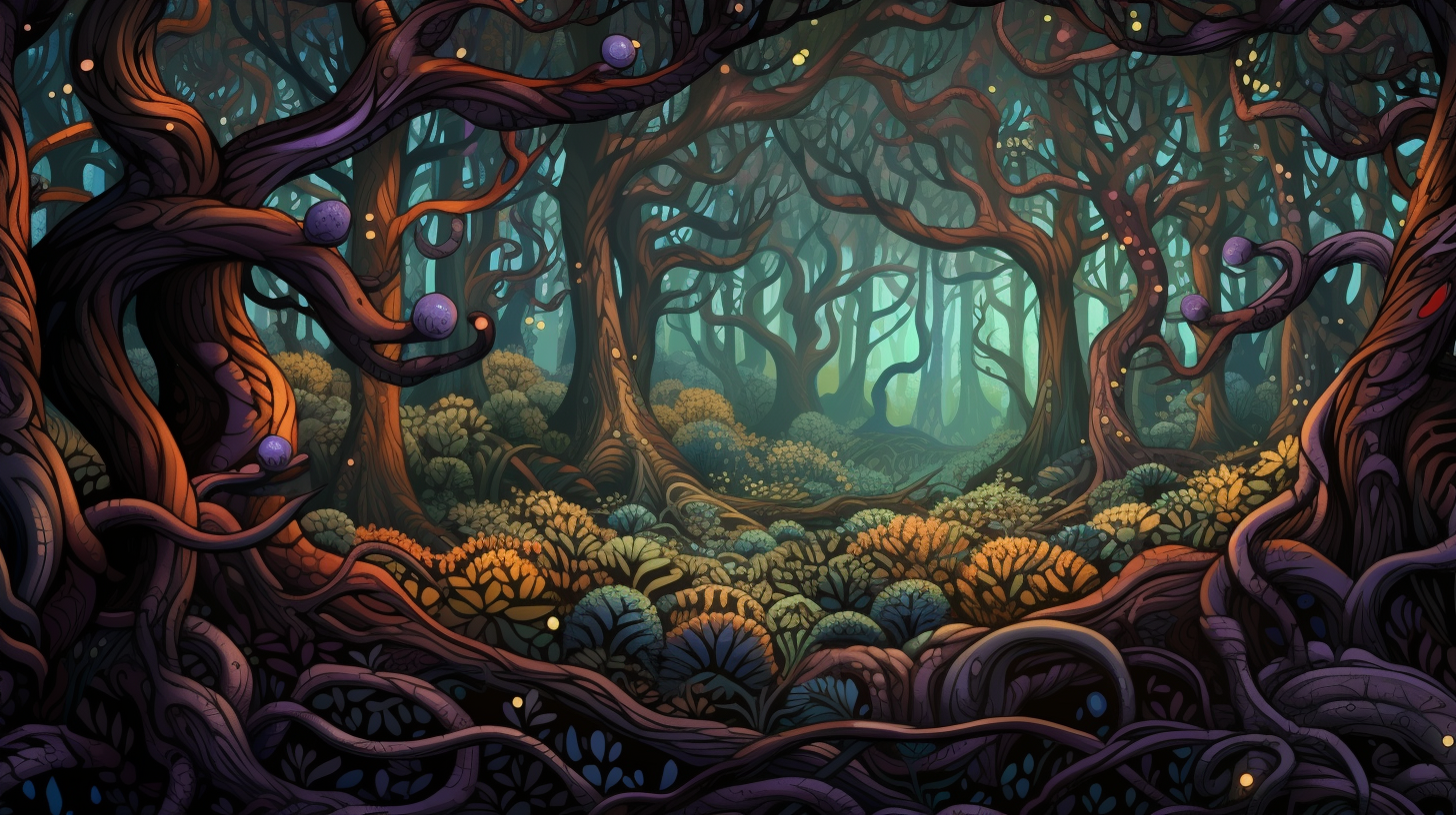 A dreamy forest scene with stylized trees and foliage; intricate patterns and textures.desktop, phone, HD & HQ free wallpaper, free to download