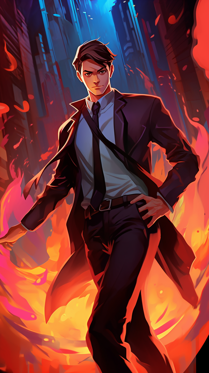 Secret agent in a dynamic pose, shown in Anime art style with bold lines and intricate details. phone art wallpaper