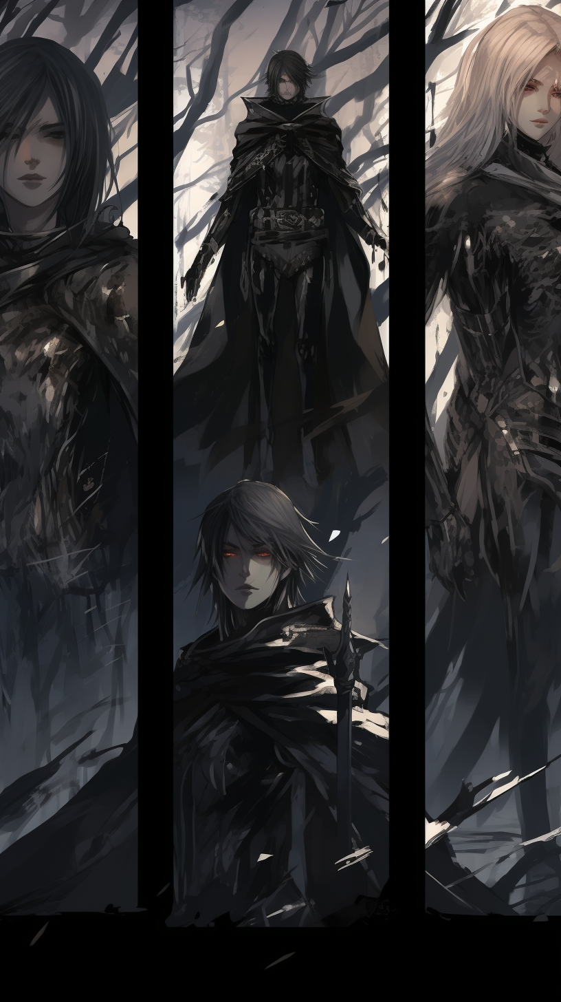 Artwork representing nightmares in the form of dark, gothic Manhua characters; intricate detailing and bold lines. phone art wallpaper