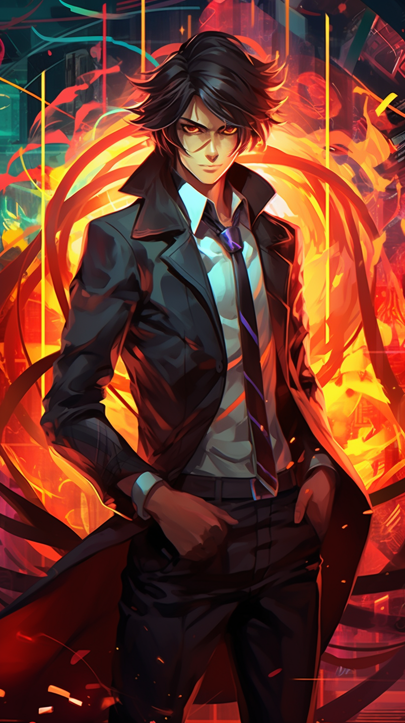 Secret agent with various gadgets depicted in anime art; intricate lines and attention to detail in the equipment. phone art wallpaper