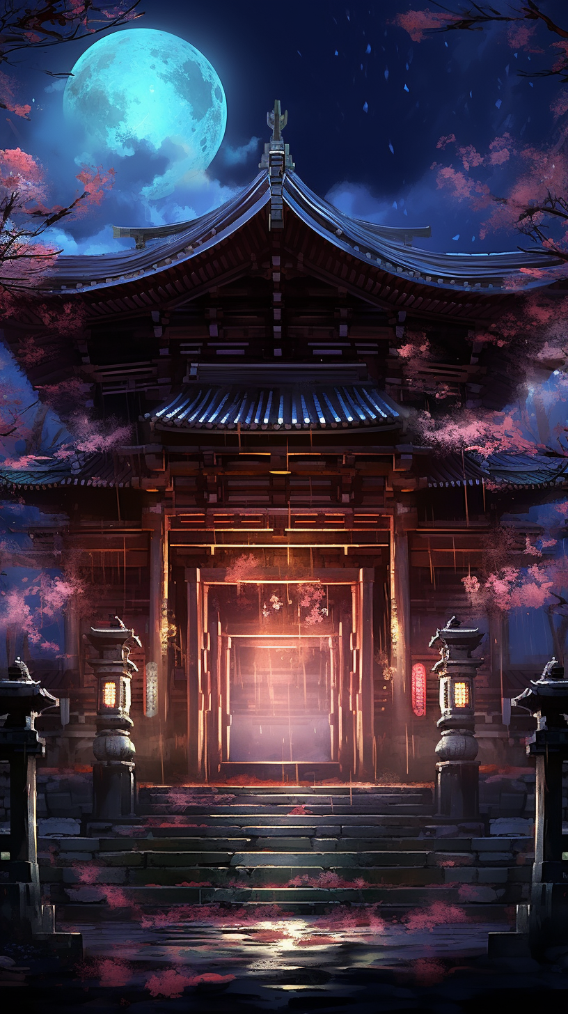 Traditional shrine under a moonlit sky; Soft lighting and intricate edge work. phone art wallpaper