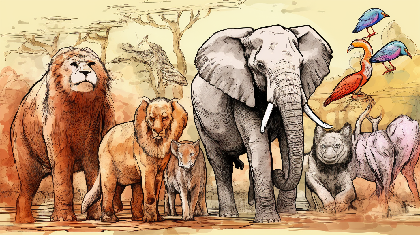 A sketch of various wildlife animals such as elephants, lions, and birds; detailed strokes and realistic style.desktop, phone, HD & HQ free wallpaper, free to download