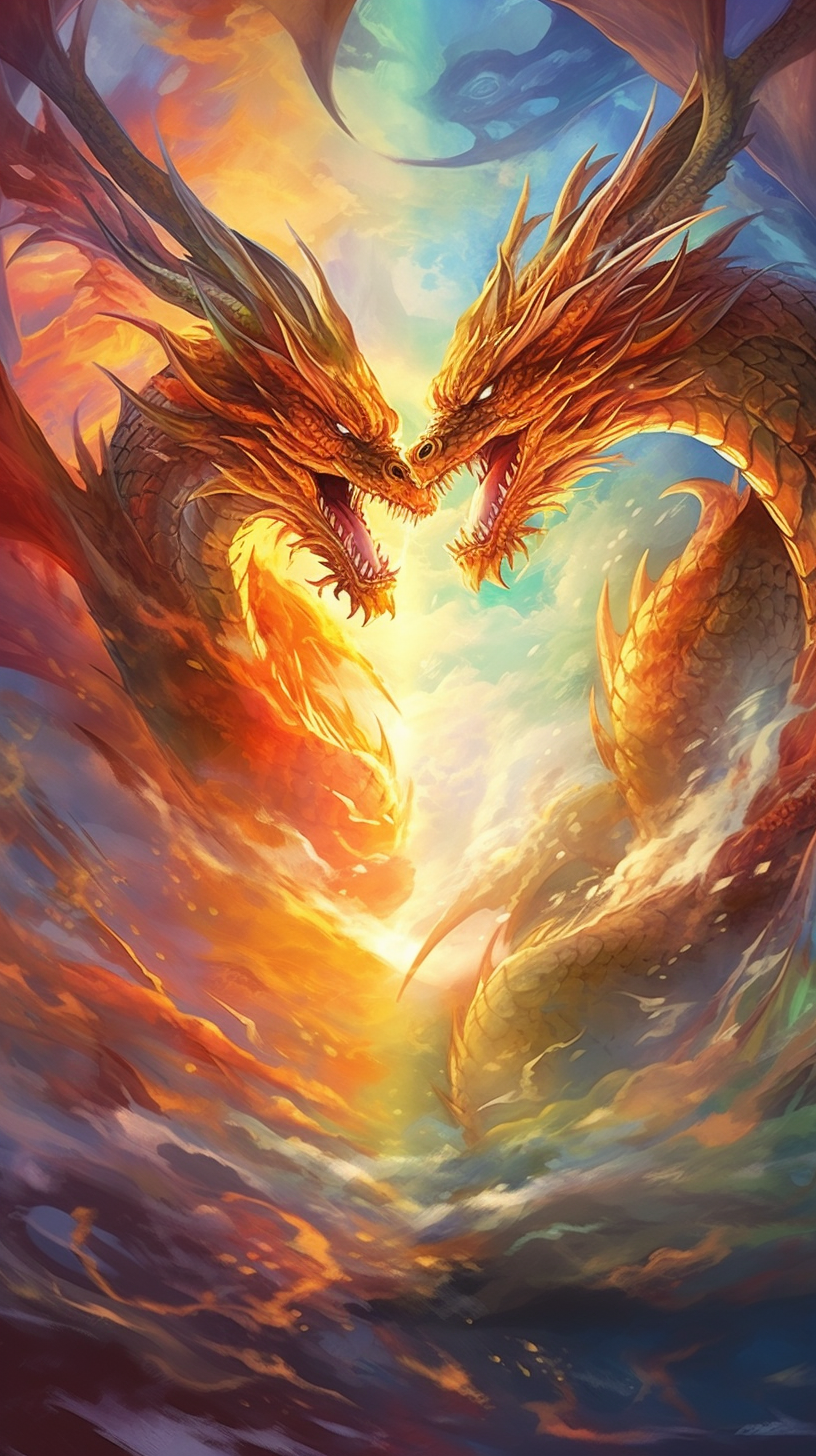 Showdown between two fiery dragons; rich details in the portrayal of the spinning fire and dragon scales. phone art wallpaper