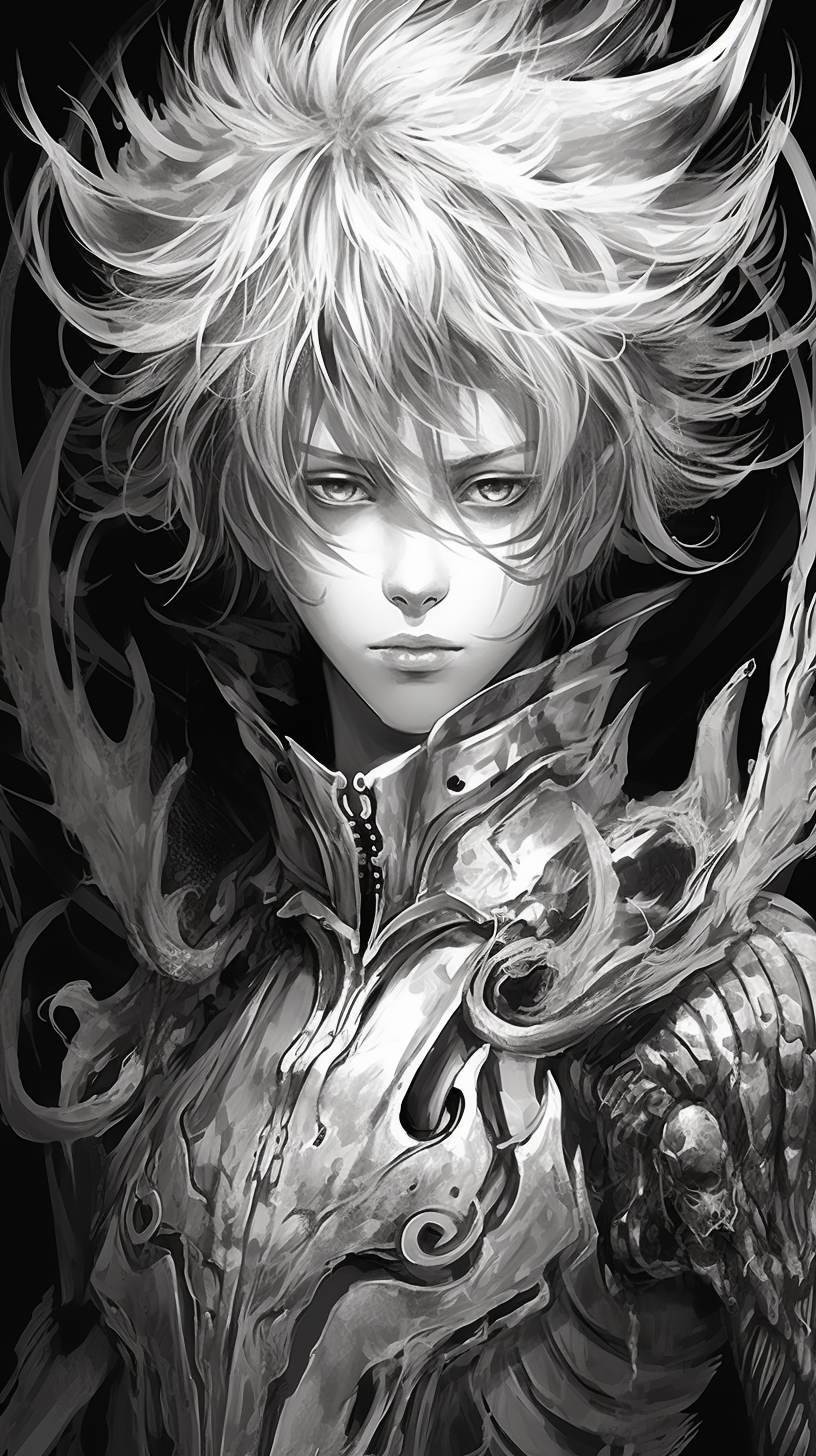 Intricate monochrome depiction of a manga nemesis, emphasizing detailing in the facial expressions. phone art wallpaper