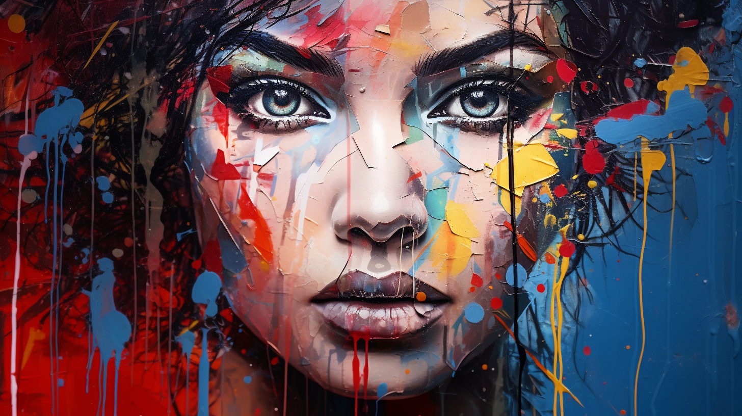 Graffiti wall featuring a human portrait; detailed facial expression amidst a burst of colors.desktop, phone, HD & HQ free wallpaper, free to download