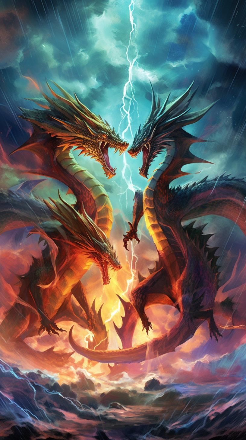Dragons engaged in a duel, under a stormy sky with lightning in the background; emphasis on the dramatic contrast of the lightning against the dragons. phone art wallpaper
