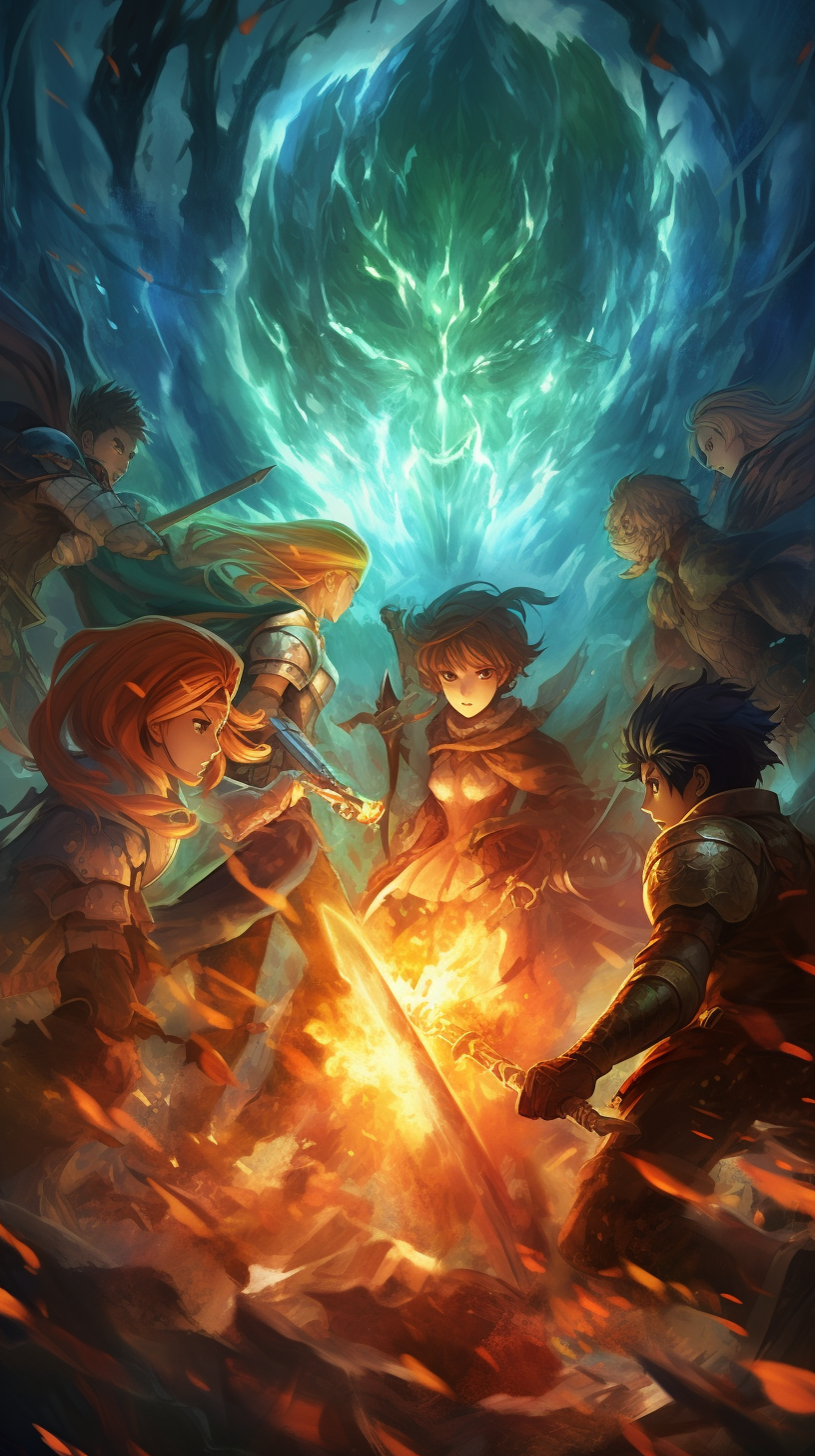 Anime titans locked in a fierce battle; detailed character designs and dramatic poses. phone art wallpaper