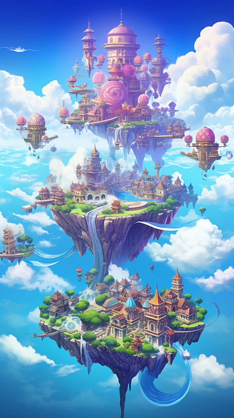 A skyborne realm filled with gravity-defying landmasses and fantastic architecture; heavy detailing and shading. phone art wallpaper