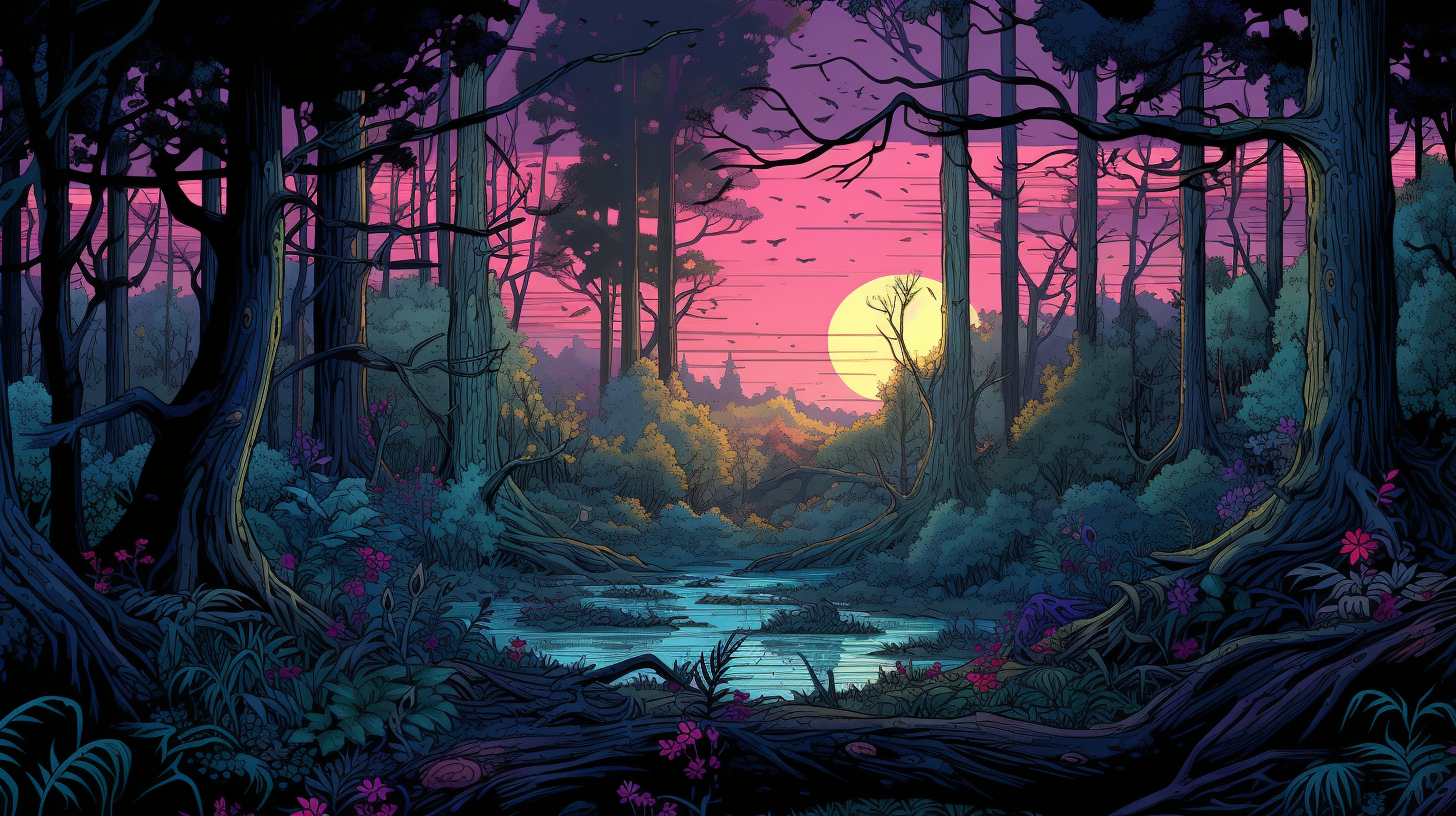 Artistically drawn landscape of a forest at dusk; detailed with a range of light and dark shades.desktop, phone, HD & HQ free wallpaper, free to download