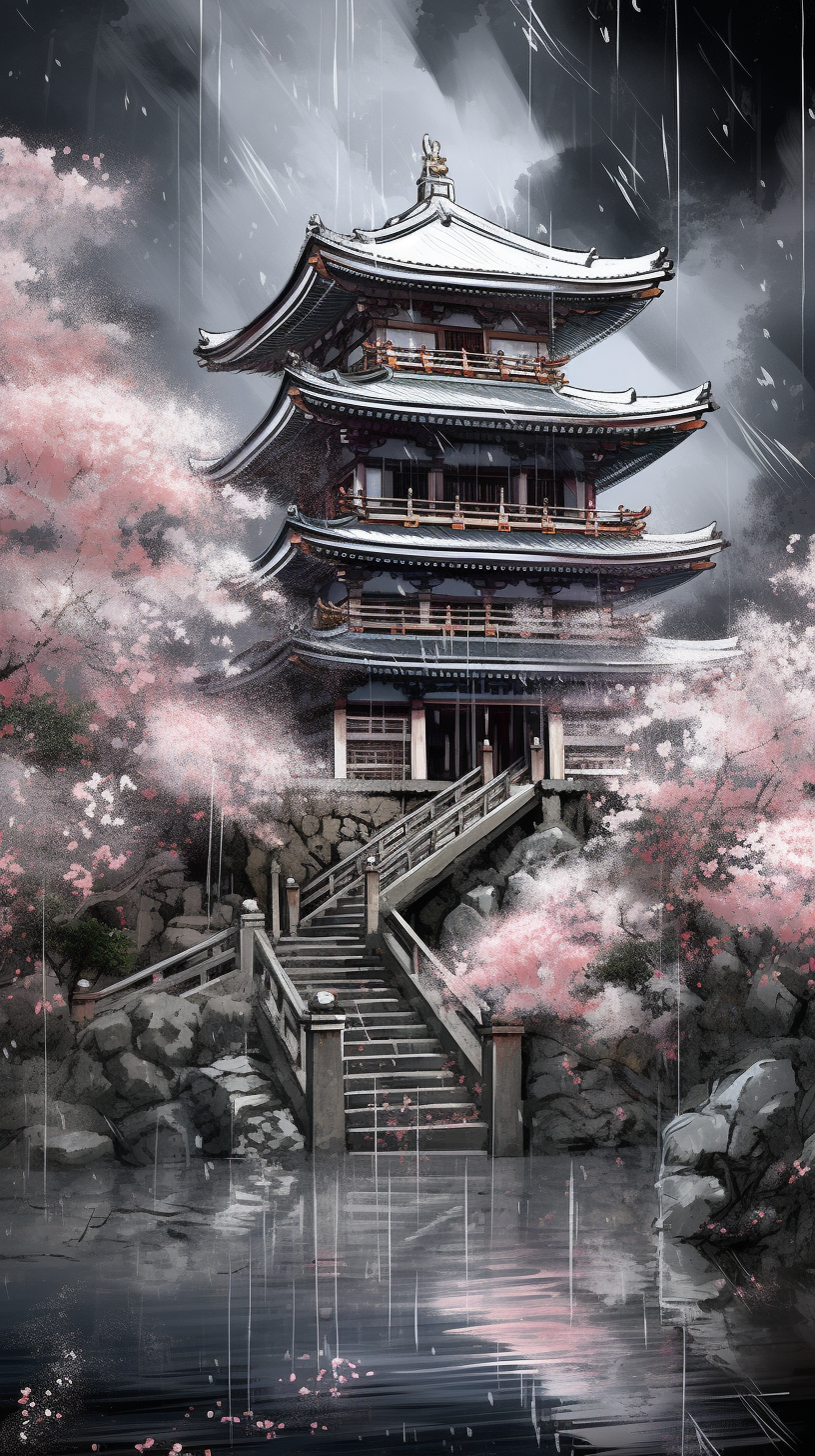 Anime depiction of Shinto shrine during Sakura season in Kyoto; various shades of grey to depict blossoms. phone art wallpaper