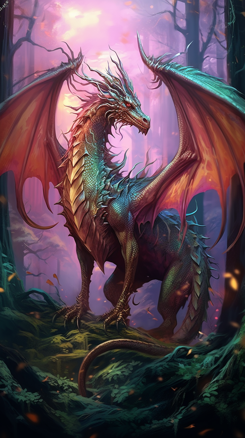 Portrayal of a peaceful but alert dragon in the forest; contrast of fine details and bold forest elements. phone art wallpaper