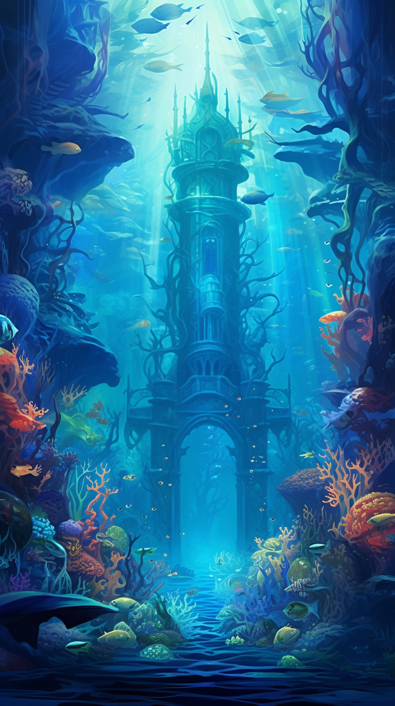 An aquatic Fantasy world depicting an enchanting ocean kingdom and magical marine creatures; fine details. phone art wallpaper