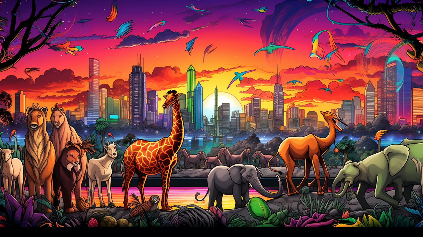 Graffiti-style depictions of animals amidst city skylines; colorful, detailed designs.desktop, phone, HD & HQ free wallpaper, free to download