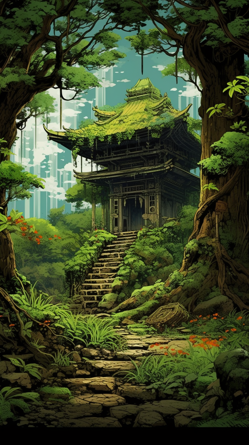 Manga art of a verdant landscape hosting an ancient Shinto shrine; multiple layers of shading and a distinct manga art style. phone art wallpaper