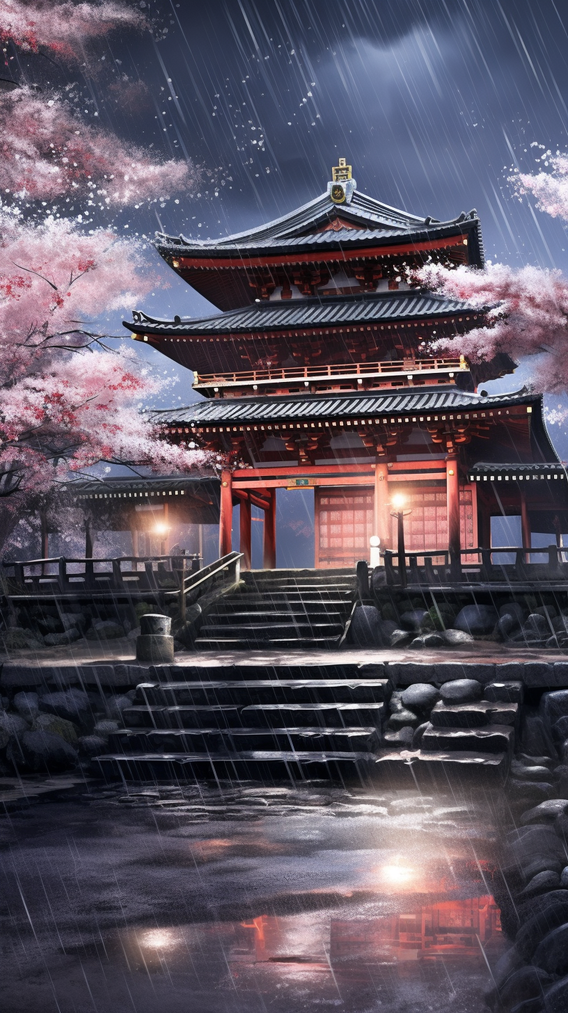 Manga art of Shinto shrine covered by a canopy of cherry blossoms; Intricate details in the sakura petals and trunk textures. phone art wallpaper