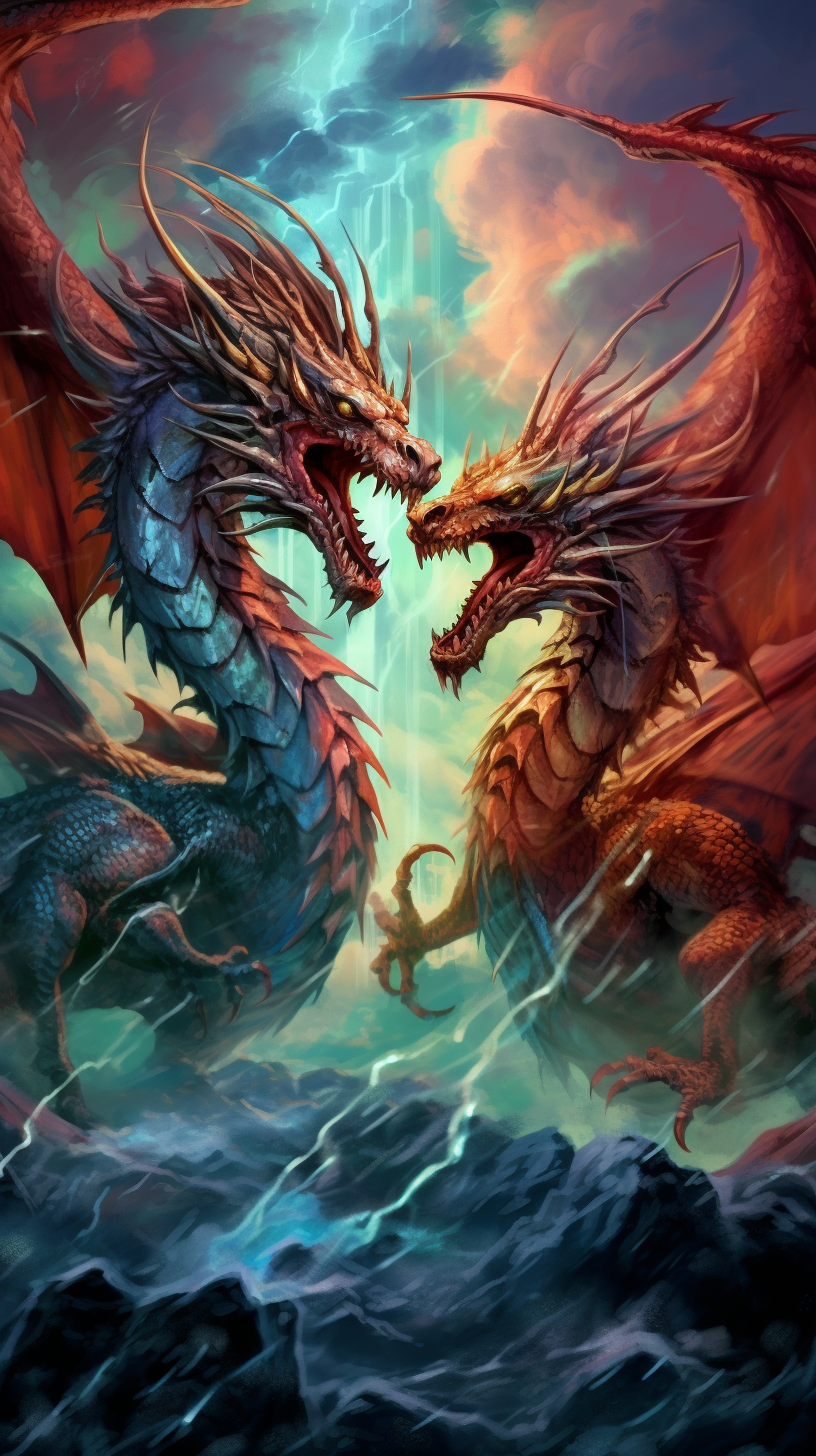 Dragons in combat with the charge of electricity around them; featuring bold, clean lines to depict the lightning and energy. phone art wallpaper