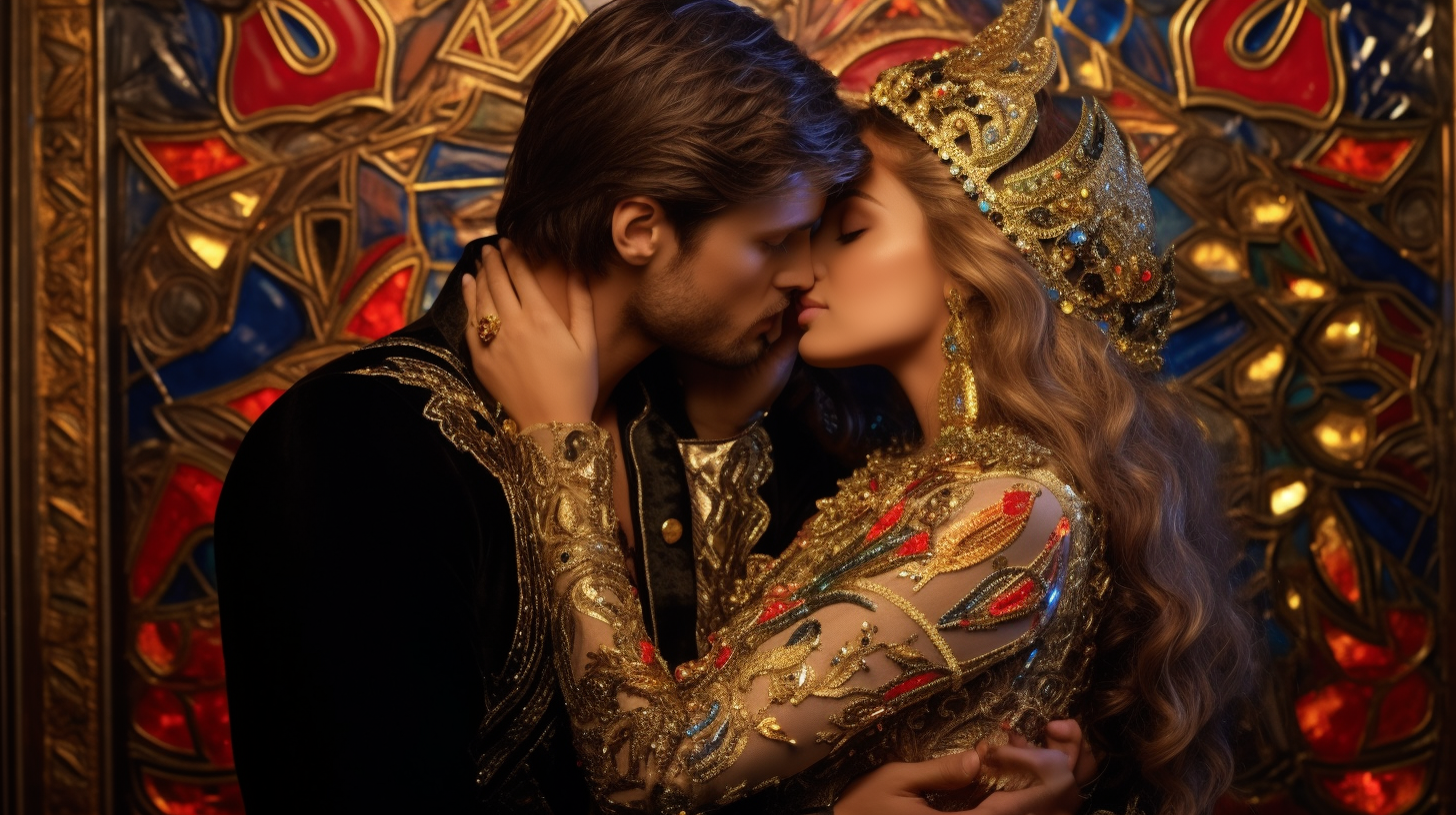 Couple embraced in a kiss covered in ornate garments; decorative style with mosaics and gold leaf.desktop, phone, HD & HQ free wallpaper, free to download