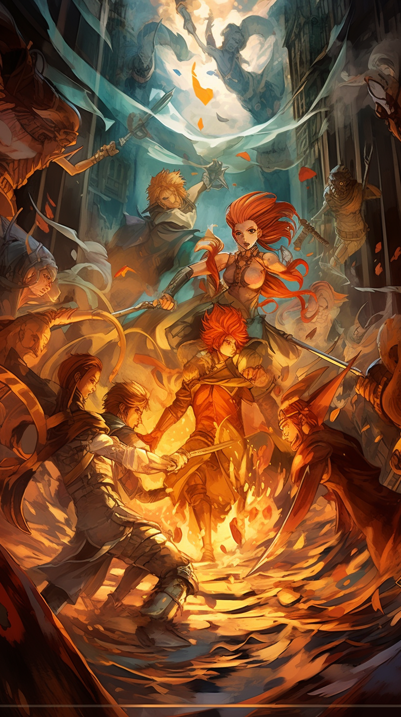 Warriors in a raw anime battle; detail-oriented art with intricate costumes and accessories. phone art wallpaper