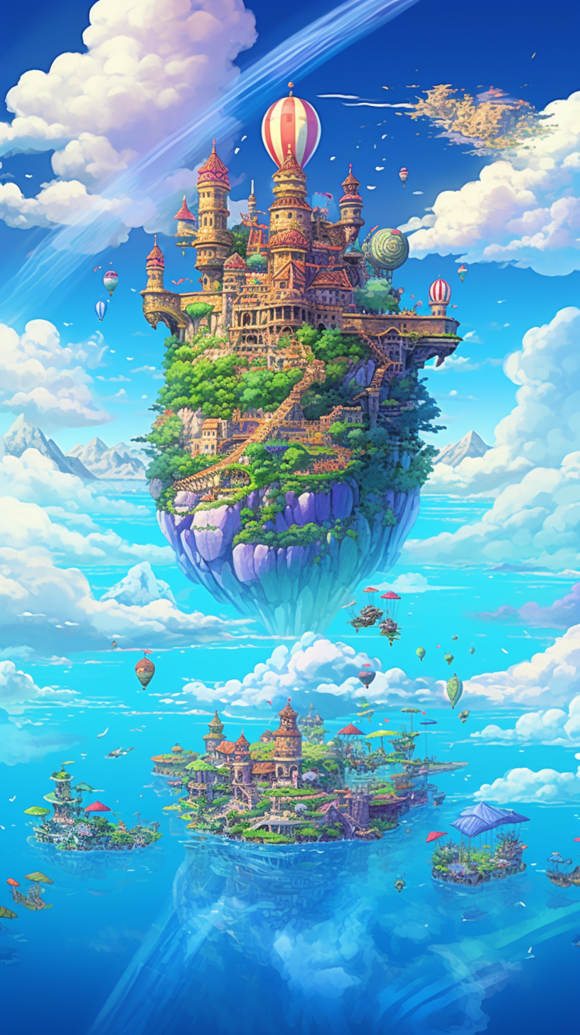Collection of floating islands held in the sky above a sea of clouds; contains fantasy elements like airships and castles; intricately detailed. phone art wallpaper