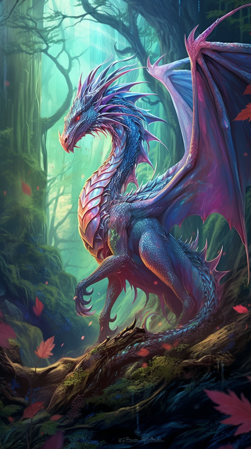 A dragon in a patient guard stance in a forest scene; intricate dragon details with smoother forest lines. phone art wallpaper