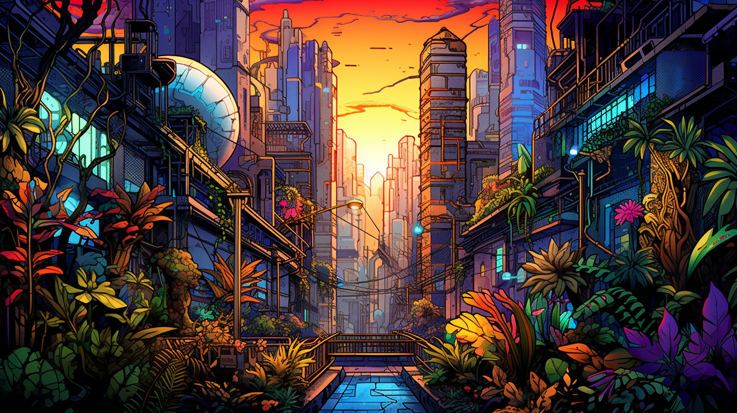 Concrete jungle depicted with graffiti art; fine sketches of buildings intertwined with jungle elements.desktop, phone, HD & HQ free wallpaper, free to download