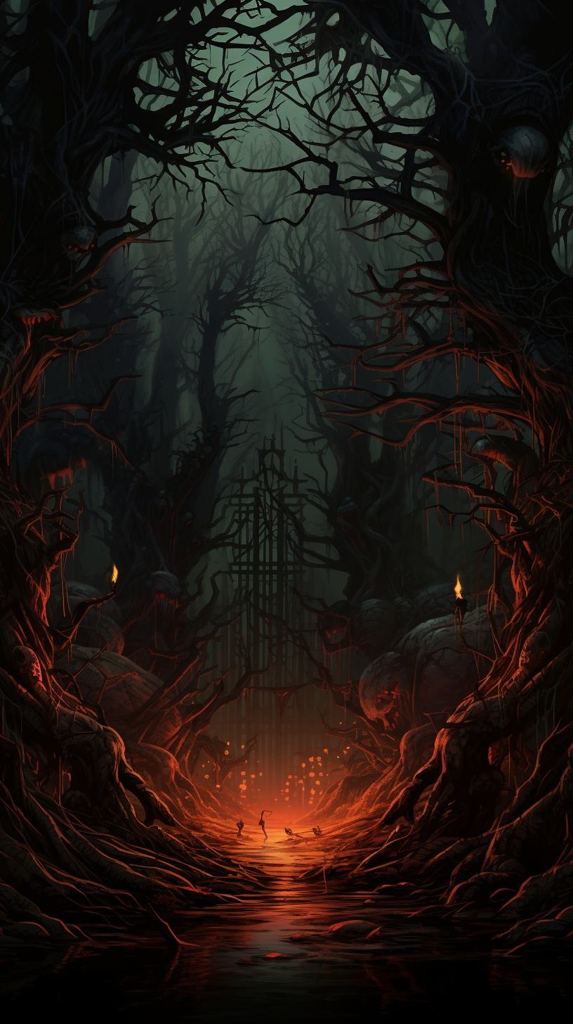 Manhua artwork of a creepy woods; focus on intricate patterns in the foliage. phone art wallpaper