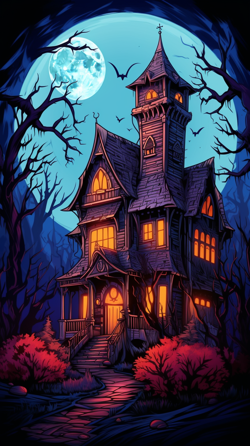 Elaborate depiction of a full moon casting long, sharp shadows from a gothic mansion, detailed fretwork in stonework. phone art wallpaper