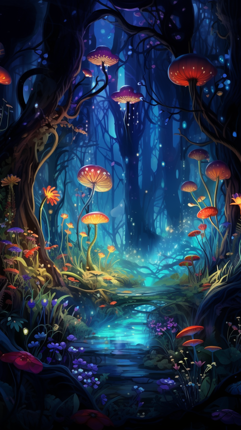 A grove vibrant with mythical plant species drawn with fine strokes and details. phone art wallpaper
