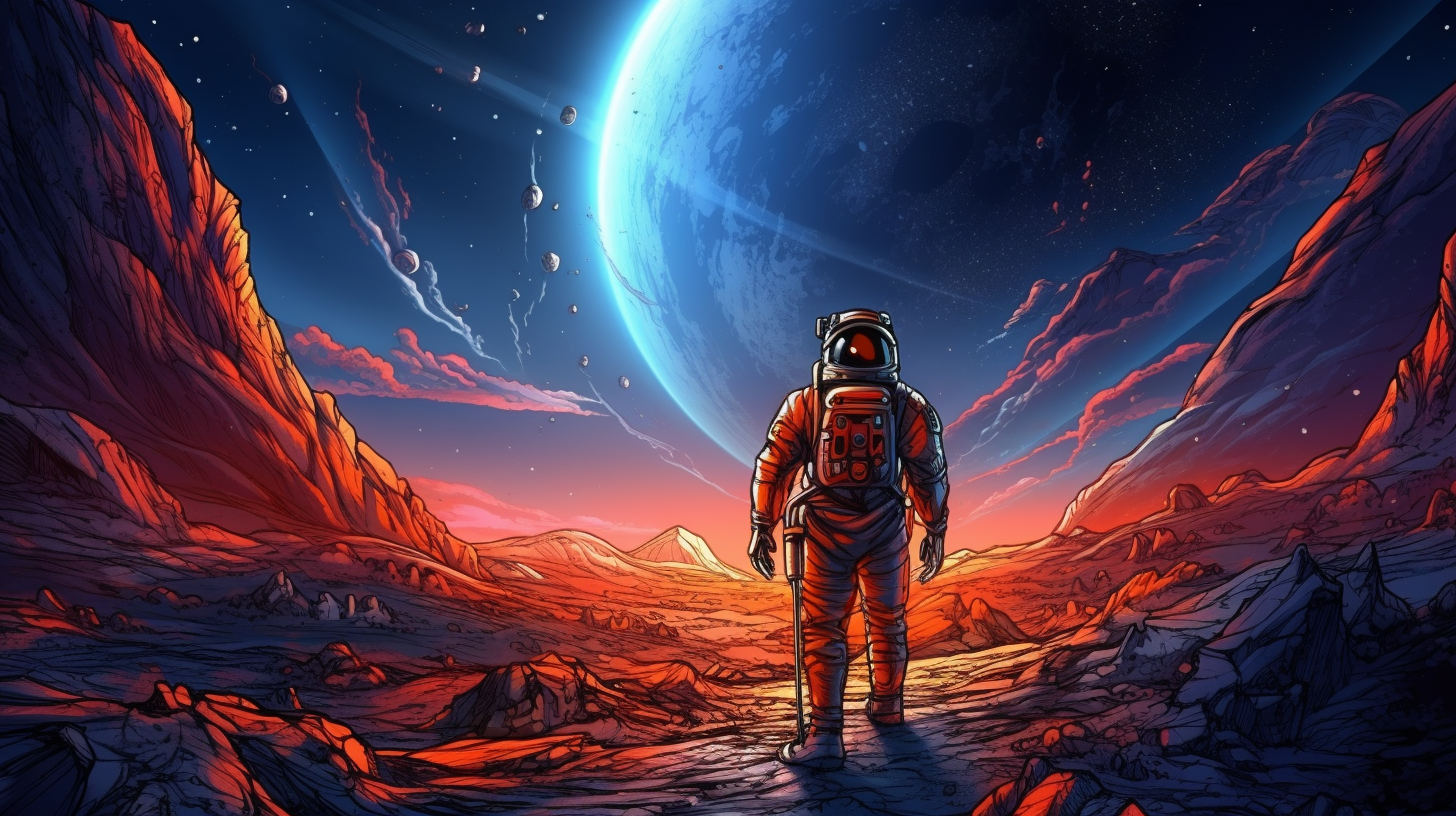 A depiction of astronomical bodies with a detailed spaceship and astronauts; fine shading.desktop, phone, HD & HQ free wallpaper, free to download