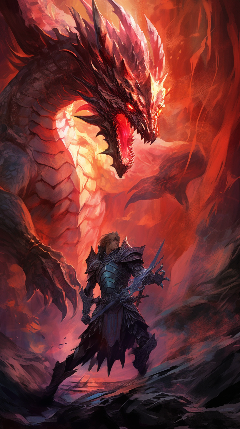 Powerful Dragon and Warrior in combat pose; detailed shadows and patterns. phone art wallpaper