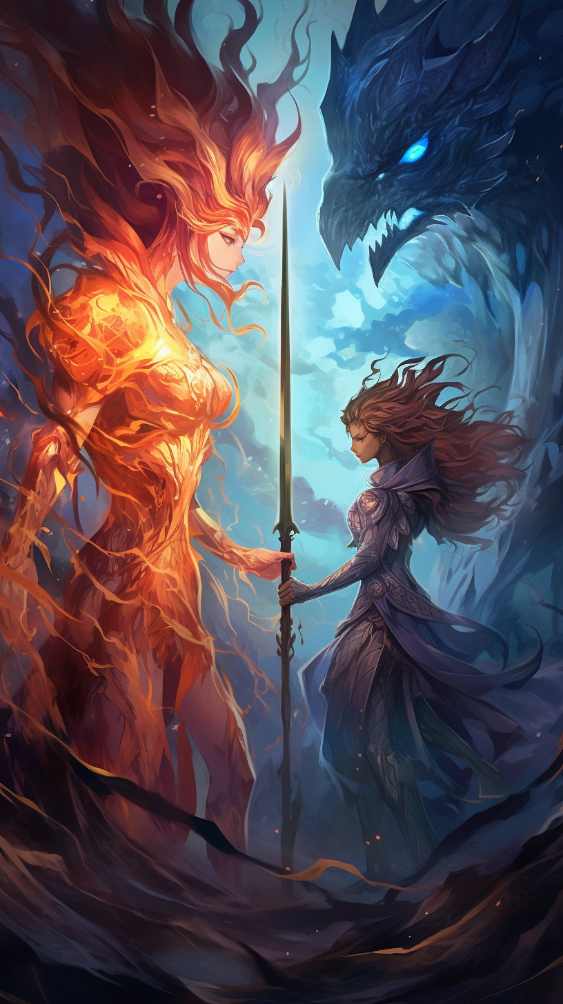 Manga characters in a crucial showdown; crisp lines, dynamic composition and strong contrasts. phone art wallpaper