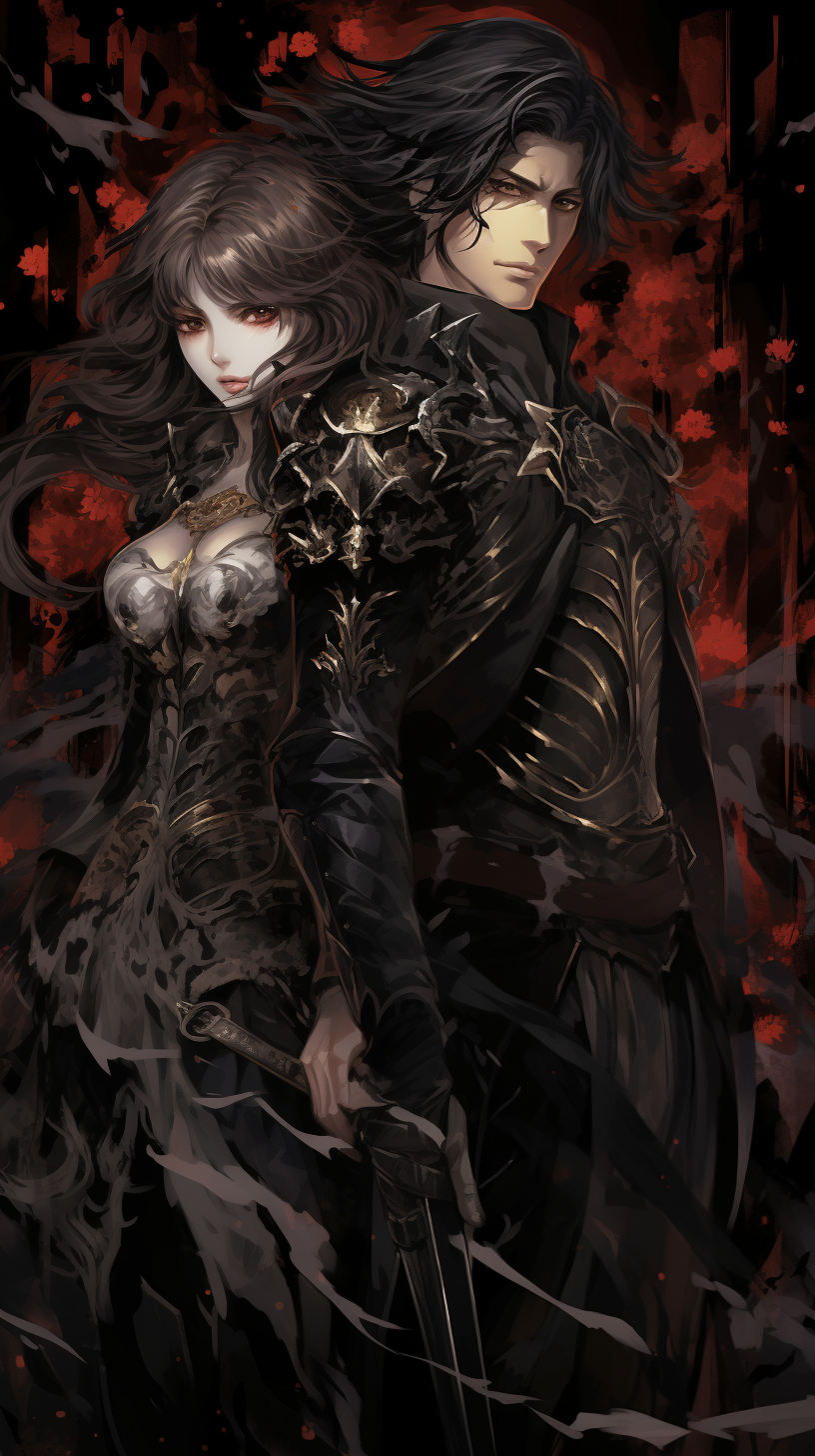 Shows silhouetted gothic Manhua figures; emphasis on dark ambiance and characters’ gothic attire. phone art wallpaper