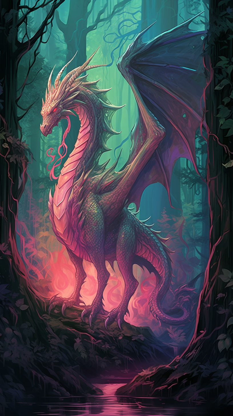 Dragon standing alone in the dense forest; dichotomy of detailed dragon and simpler woods. phone art wallpaper