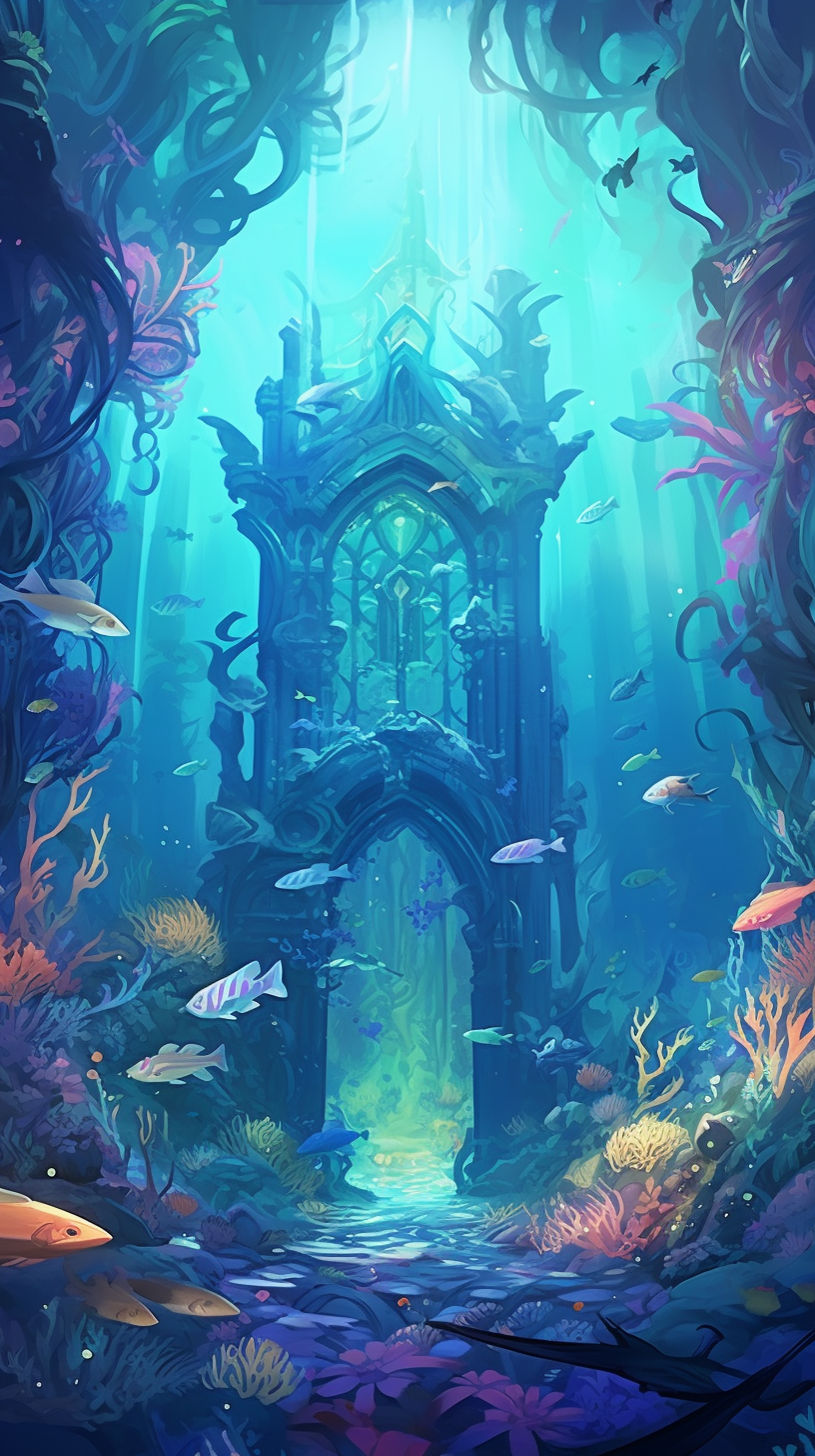 Realm under the sea showing coral palace and enchanted sea creatures; heavy detailing and shading. phone art wallpaper