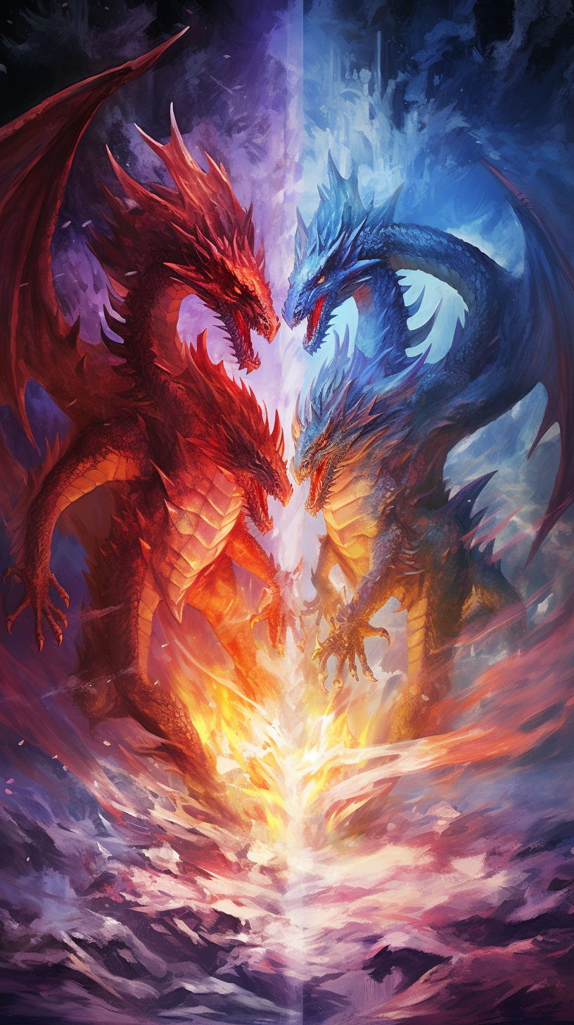 A chilling encounter between a fire dragon and an ice dragon; detailed with dynamic expression of freezing and burning elements. phone art wallpaper