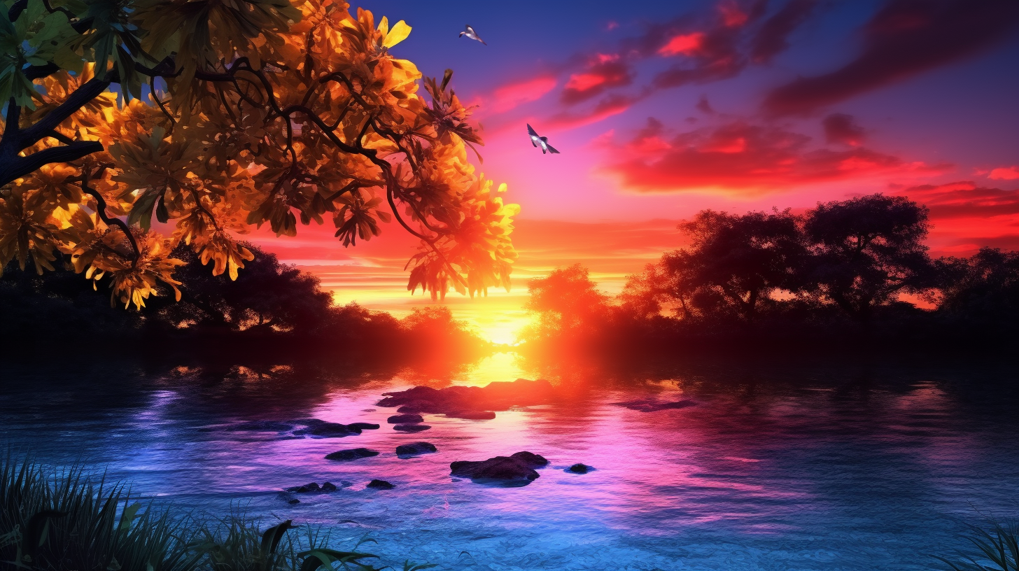 Beautiful color cascade representing a spectacular sunset over tranquil waters with silhouette of fauna in the foreground.desktop, phone, HD & HQ free wallpaper, free to download