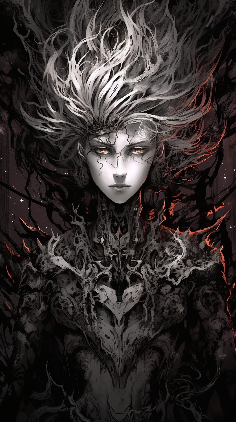 Monochrome gothic styled anime villain, with high attention to costume details and textures. phone art wallpaper