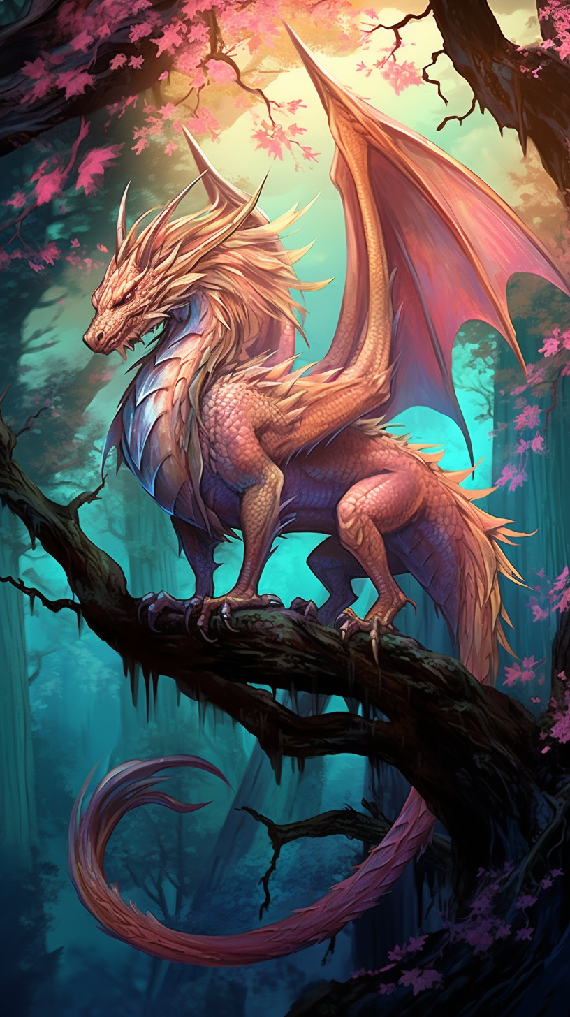 A hand-drawn dragon perched subtly on a forest branch; fine details and nature elements. phone art wallpaper