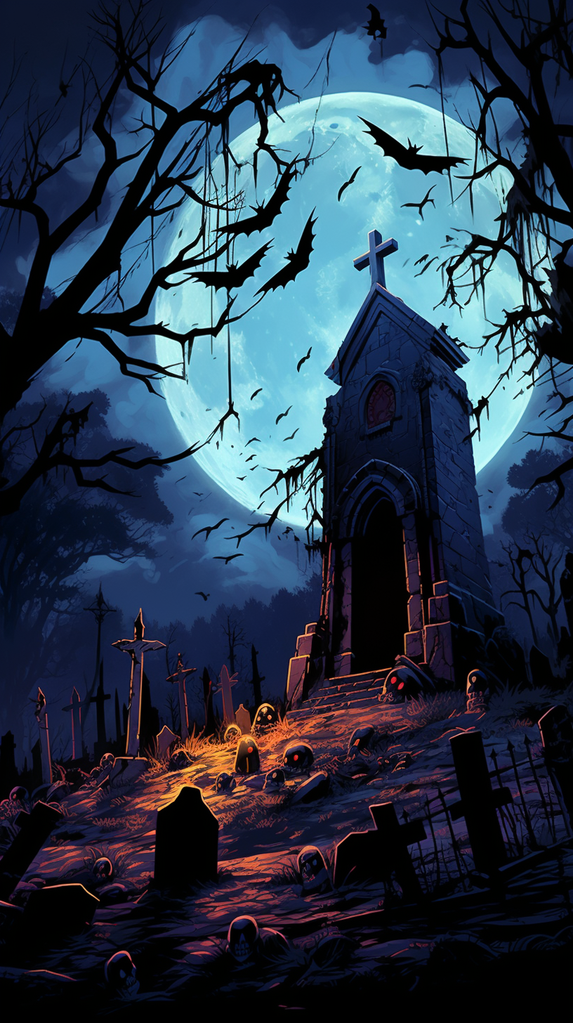 Detailed graveyard under the stark moon in the genre of gothic horror; prominent dark lines. phone art wallpaper