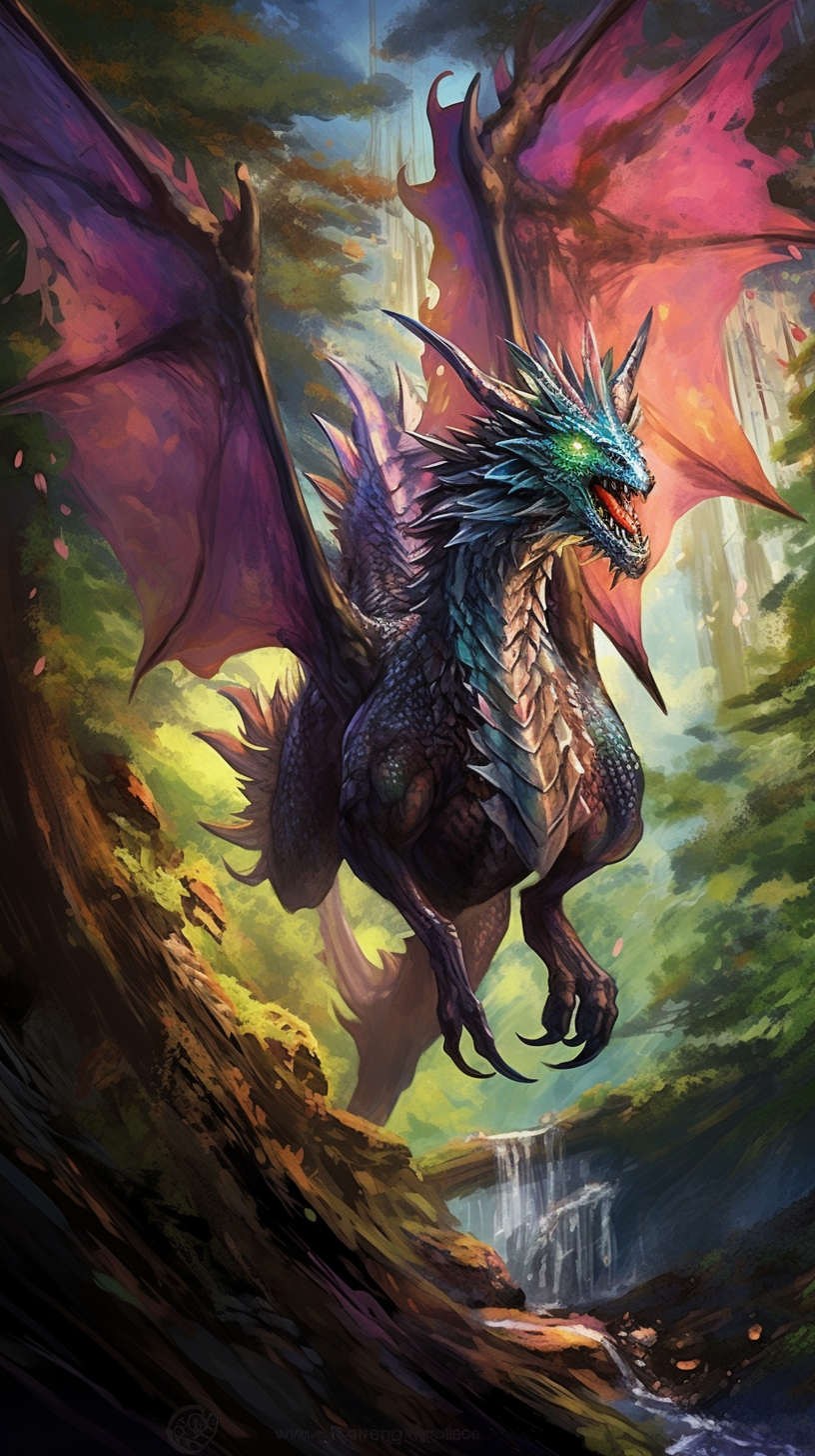 A fierce dragon in mid-flight in a forest; intricate details and dynamic lines. phone art wallpaper